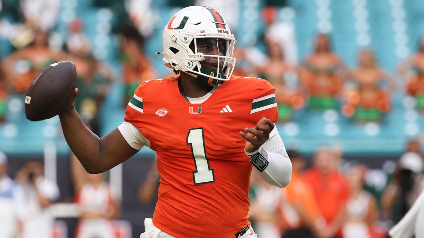 MIAMI GARDENS, FL – SEPTEMBER 14: Miami Hurricanes quarterback Cam Ward (1) makes a pass attempt during the game between the Ball State Cardinals and the Miami Hurricanes on Saturday, September 14, 2024 at Hard Rock Stadium in Miami Gardens, Fla. (Photo by Peter Joneleit/Icon Sportswire via Getty Images)