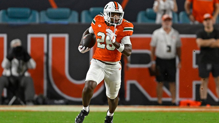 MIAMI GARDENS, FL – SEPTEMBER 14:  Miami running back Ajay Allen (28) carries the ball in the fourth quarter as the Miami Hurricanes faced the Ball State Cardinals on September 14, 2024, at Hard Rock Stadium in Miami Gardens, Florida. (Photo by Samuel Lewis/Icon Sportswire via Getty Images)